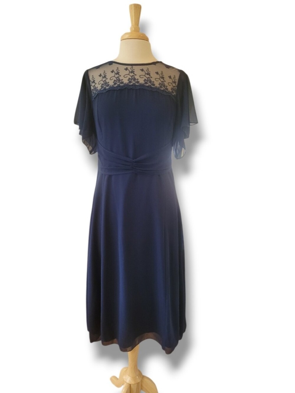 Navy Blue Round Neck Organza Flowy Flutter Sleeve Long Midi Dress. Size Medium